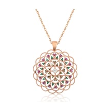 Gümüş Rose Geometrik Desenli Madalyon Kolye Çok Renkli