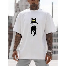 Kedi Desen T-shirt - Beyaz Baskılı Oversize Bisiklet Yaka Kısa Kol Tişört Beyaz