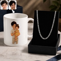 Bk Gift Kişiye Özel Baba&çocuk Karikatürlü Beyaz Kupa & Figaro Zincir Kolye -3, Babalar Günü Hediyesi Gümüş