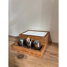 Mimoza Baharatlık Bölmeli Ahşap Masaüstü Peçetelik 1 Adet Restaurant Dispenser Afrika Ceviz Baharatlıklar Hariç