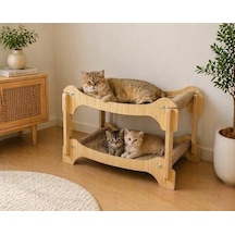 Pureza Ahşap İki Katlı Kedi Yatağı & Dinlenme Standı Hasır Yüzeyli Çift Katlı Tasarım Açık Bej