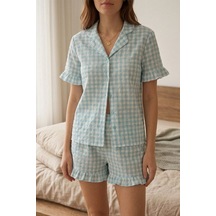 Norcia Sports Kare Desenli Fırfır Detaylı Şortlu Pijama Takımı 8070 Yeşil Çok Renkli - 929322598 Çok Renkli - 929322598 Çok Renkli