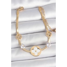 316l Çelik Gold Renk İtalyan Zincir Beyaz Mineli Yonca Model Zirkon Taş Detaylı Kadın Bileklik Çok Renkli