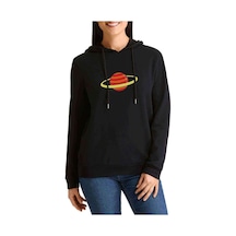 Saturn Baskılı Siyah Kadın Kapşonlu Sweashirt