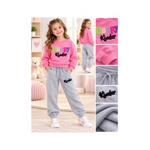 Uğur Bebe %100 Pamuk Kız Çocuk Eşofman Takımı Pembe Gri Happy Kinder Baskılı Sweatshirt Jogger Alt Spor Takım Pembe Pembe