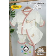 Gros Shop Müslin Yeni Doğan 4katlı Organik %100pamuk Kişiye Özgü Nakışlı Hastane Çıkış Seti Pudra Biyeli-1 Ekru-2