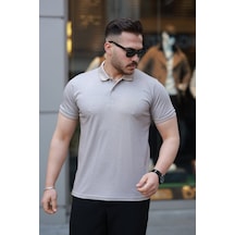 Erkek Yakalı Kagi Kumaş Kısa Kollu T-shirt Bej