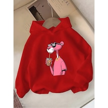 Kışlık Kapüşonlu Sweatshirt, Çocuk Pembe Panter Baskılı Kırmızı