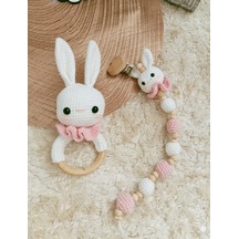 Dukakidstoys Tavşan Emzik Zinciri Aksesuar Oyuncak Amigurumi Çıngırak Seti Beyaz