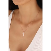 Beyaz Zirkon Taşlı Gümüş Haç Kolye Rose Gold