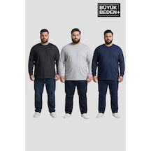 Süperlife Erkek Büyük Beden 3'lü Set Uzun Kollu 2 İplik Bisiklet Yaka Tişört Spr26bts942+3 Siyah