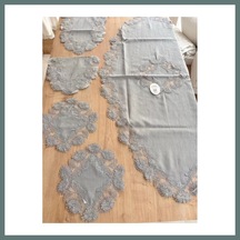 Bezos Salon Takımı Çeyizlik Gri Runner Set 5 Parça Keten Masa Örtüsü Runneri Flowers Ventra
