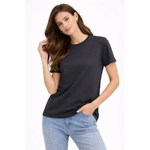 Simala Bisiklet Yaka Tişört Regular Kalıp Basic Pamuklu Günlük Kullanım T-shirt - Füme