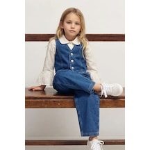 Miniğimin Cicileri Vintage Kot Yelekli Fırfır Kol Gömlekli Kız Çocuk 3 Lü Jean Takım - Mavi