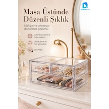 3 Çekmeceli Şeffaf Kozmetik Organizer Makyaj Takı Ruj Oje Pamuk Düzenleyici