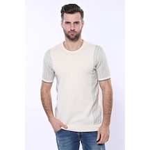 Yake Store Bisiklet Yaka Kenarları Desenli Krem Örme T-shirt Wessi - Krem Beyaz
