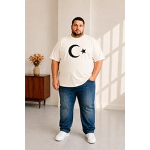 Sngl Tekstil Erkek Büyük Beden Kısa Kollu Ay Yıldızlı Tişört 3xl 4xl 5xl 6xl 7xl 8xl 9xl Ekru