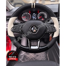Renault Taliant Dikme Direksiyon Kılıfı Delikli Deri Parlak Siyah Bej Detay Çift Yüzük Ve Dikiş 2021-2024