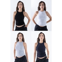 Mmetalic Fitilli Regular Fit Normal Kalıp Siyah-beyaz-gri-lacivert Bisiklet Yaka Sıfır Kol Pamuklu 4'lü Kadın Atlet Çok Renkli