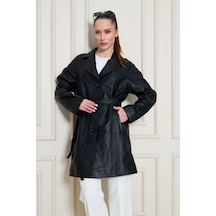 M M Marki Marki Kadın Hakiki Deri Trençkot Siyah, V Yaka, Kuşaklı, Düğme Kapamalı, Oversize, 90 Cm - 117122