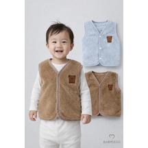 Babyden's 2 Li Welsoft Yelek Seti Erkek Bebek & Çocuk Peluş Yumuşak Kışlık Bebek Yeleği, Çıtçıtlı Kahverengi - Mavi