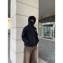 Samuray Kapşonlu Zıp Fermuarlı Kapşonlu Sweatshirt - Siyah Siyah