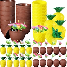 Tropikal Parti Bardak Seti Ananas Ve Hindistan Cevizi Şekilli Pipetli Bardaklar 20 Adet 3+ Yaş
