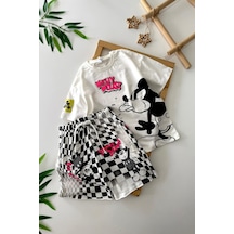 Miniğimin Cicileri Dama Eskitme Detaylı Unisex Çocuk Şortlu Takım - Beyaz