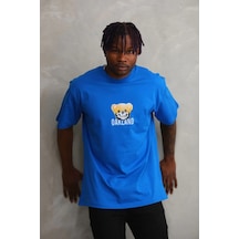 Erkek Baskılı T-shirt Kısa Kol Bisiklet Yaka Rahat Kalıp Tişört - Mavi Mavi