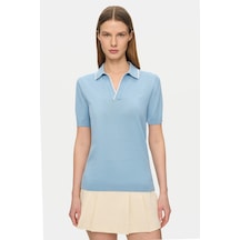 Ucla Sasha Gök Mavi Polo Yaka Triko Nakışlı %100 Pamuk Standard Fit Kadın Tshirt