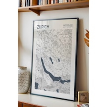 Zürih İsviçre Switzerland Haritası Çerçeveli Tablo Salon Ofis Duvar Dekorasyonu Hediyelik Tablo