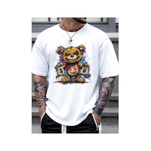 Caddemia Yaz Gevşek Boyutu Karikatür Ayı Desen Baskılı Slim Fit Rahat Spor Yuvarlak Beyaz 2XL