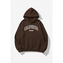 Uyguntarz Unisex Yumuşak Dokulu Caliwest Baskılı Tasarım Oversize 3 İplik Hoodie Sweatshirt Kahverengi