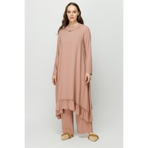 Eteği Büzgü Detaylı Tunik Pantolon Takım Pudra-pudra Pudra