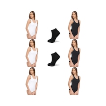 Tutku Elit 6'lı Modal Geniş Askılı Kancalı Pamuk Elastan Kadın Zıbın Body 2 Çift Bambu Çorap Hediyeli Beyaz-siyah