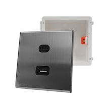 MERALLI INOX USB + USB Type-C güç prizi (20W), hakiki fırçalanmış paslanmaz çelik, çerçevesiz 86×86 Düz kasa dahil