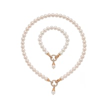Halka Kilitli Doğal İnci Kolye Bileklik İkili Set 40 Cm / Rose Gümüş
