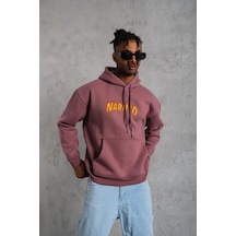 Erkek 3 İplik Pamuklu Kapüşonlu Baskılı Cepli Oversize Sweatshirt Hoodie - Gül Kurusu Gülkurusu