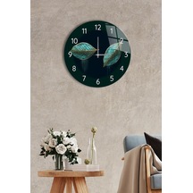 Çap 37 Cm Iki Yaprak Dekoratif Cam Saat Yeşil - Siyah