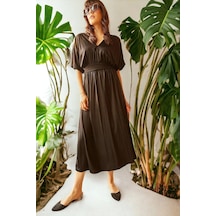 Kadın Siyah Oversize Kesim Kısa Kol Kemer Detaylı Maksi Boy, Uzun Rahat Ve Günlük Elbise Siyah