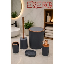 351 Gri 5 Parça Banyo Aksesuar Seti Çöp Kovası Sıvı Sabunluk Diş Fırçalık Sabunluk Wc Fırçası Antrasit Ahşap Desenli