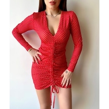 Kadın V Yaka Önü Asansör Büzgü Detay Fırsat Ürün Puantiyeli Mini Elbise Kırmızı