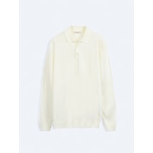 Ekru Polo Yaka Düz Örgü Triko Kazak Ekru