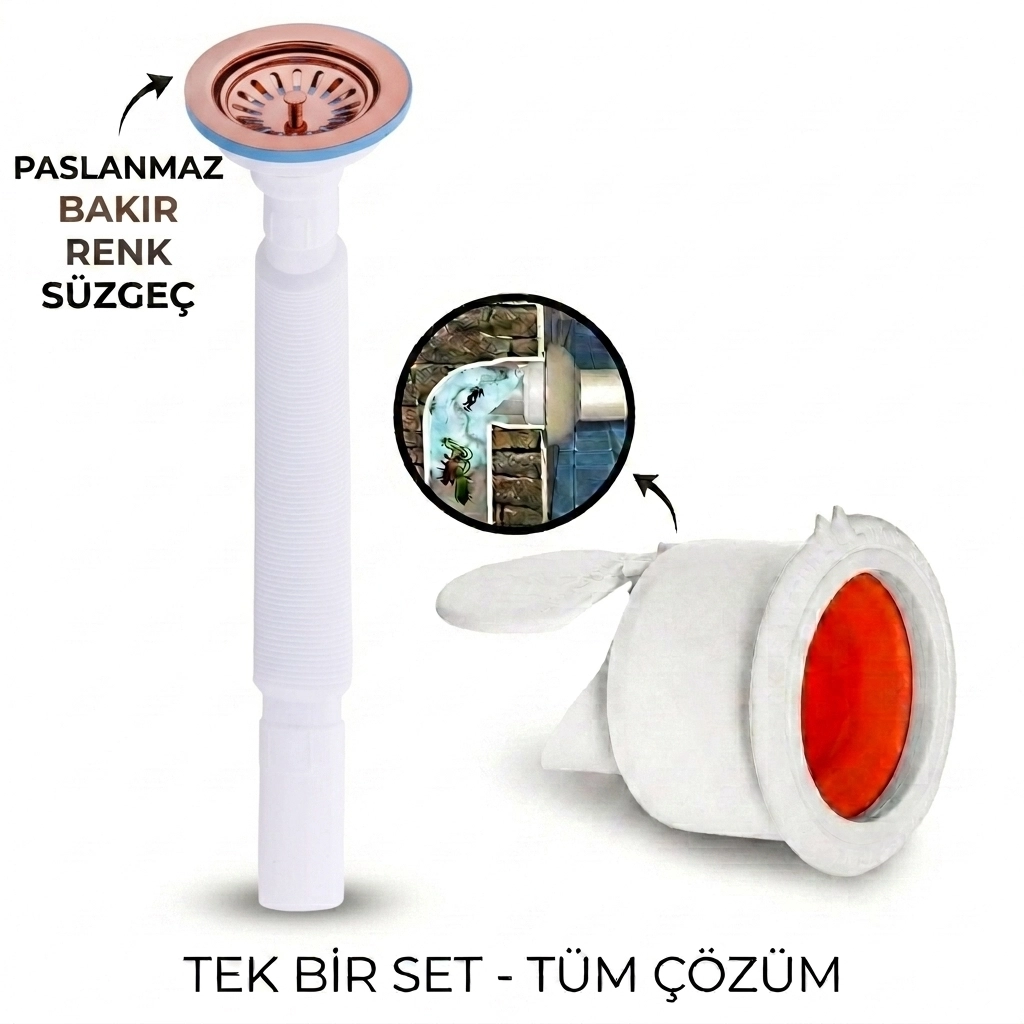 Çöpmak Körüklü Büyük Kafalı Tırnaklı Mutfak Evye Lavabo Gider Si Fonu Üstü Paslanmaz Altı Plastik + Çekvalfli Conta Kötü Koku Böcek Kirli Su Önleyici Lavabo Gider Aparatı Rose