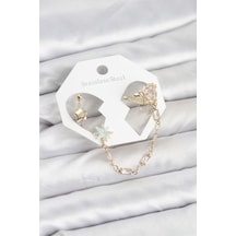 Yıldız Model Pirinç Renk Zincir Bağlantılı Ear Cuff Küpe Seti Diğer