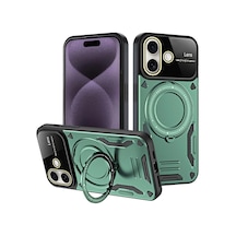 Apple Uyumlu iPhone 16 Kılıf Joy Lens Standlı Kapak Koyu Yeşil\