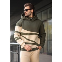 Madmext Haki Kapüşonlu Fermuar Yaka Desenli Erkek Sweatshirt E7162 Haki