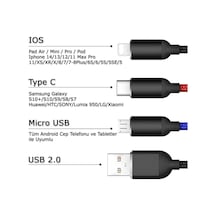 Hızlı Şarj Ve Data Aktarım Kablosu, 60w - 3a Usb A, Type C Usb C , Micro Usb, Lightning Uyumlu Standart