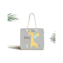 Bebek Çantası - Gri Zeminde Balon Ve Zürafa Desenli Özel Tasarım Kumaş Çanta