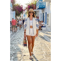 Lela Nakışlı Oversize Fit Pamuklu V Yaka Bayan Gömlek 676242 Ekru